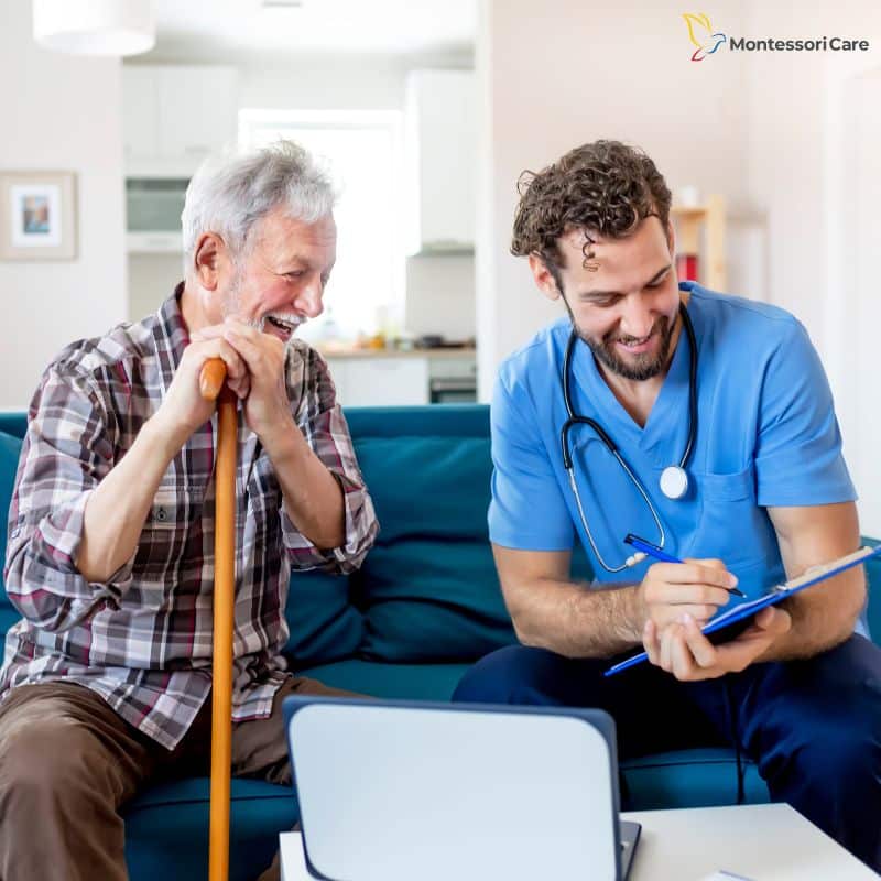 Expert NDIS Plan Management Services with a smiling elderly man and friendly healthcare worker discussing support options at home.